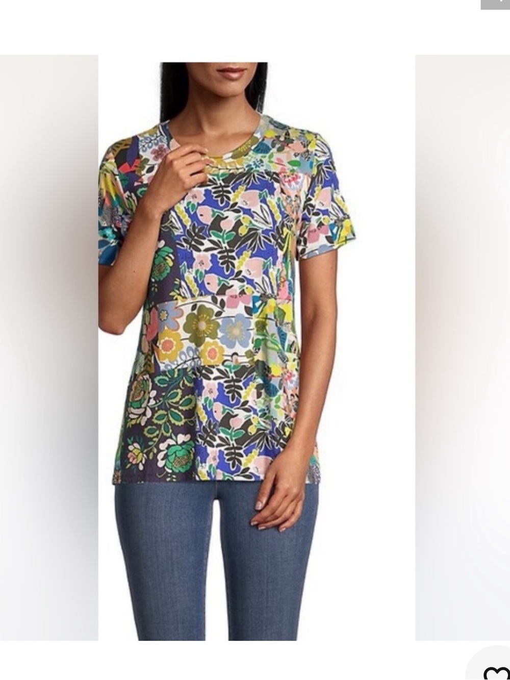 Johnny Was ' Multi Floral Patchwork Tee in Navy, Pink, Yellow, Green